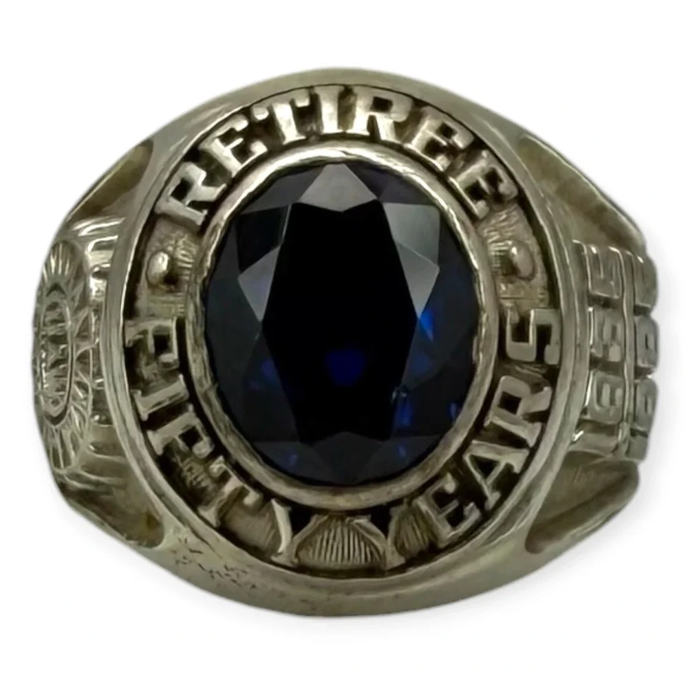 UAW Retiree Ring Sterling Silver Size 9.75 Blue Stone 1935-1985 Fifty Years